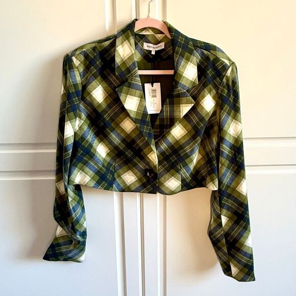 NWT WeWoreWhat Cropped Blazer in vintage plaid Green multi.  Size S - Picture 3 of 10